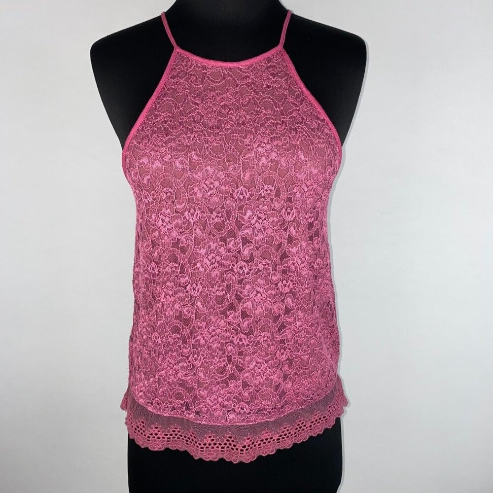 Chloe & Katie Womens XS Pink High Neck Lace Tank Top Keyhole Back Boho Festival